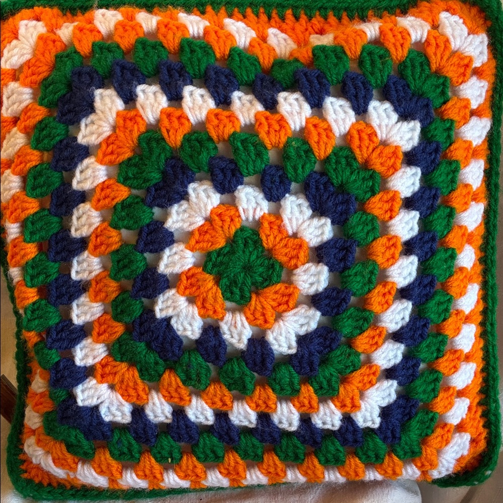 Granny Pillow Granny Square Pillow Colorful Crochet Orange Blue Green White Yarn